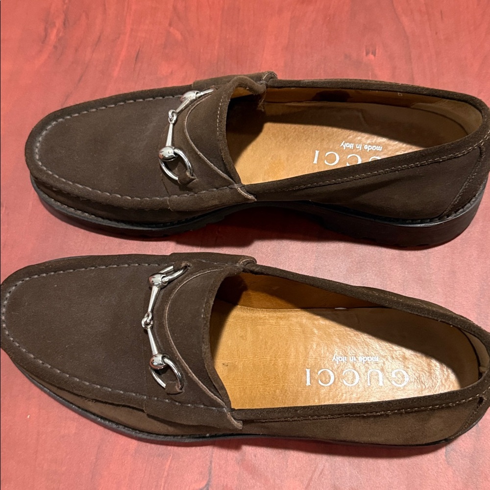 Gucci Dark Brown Suede Loafers with Silver Detail